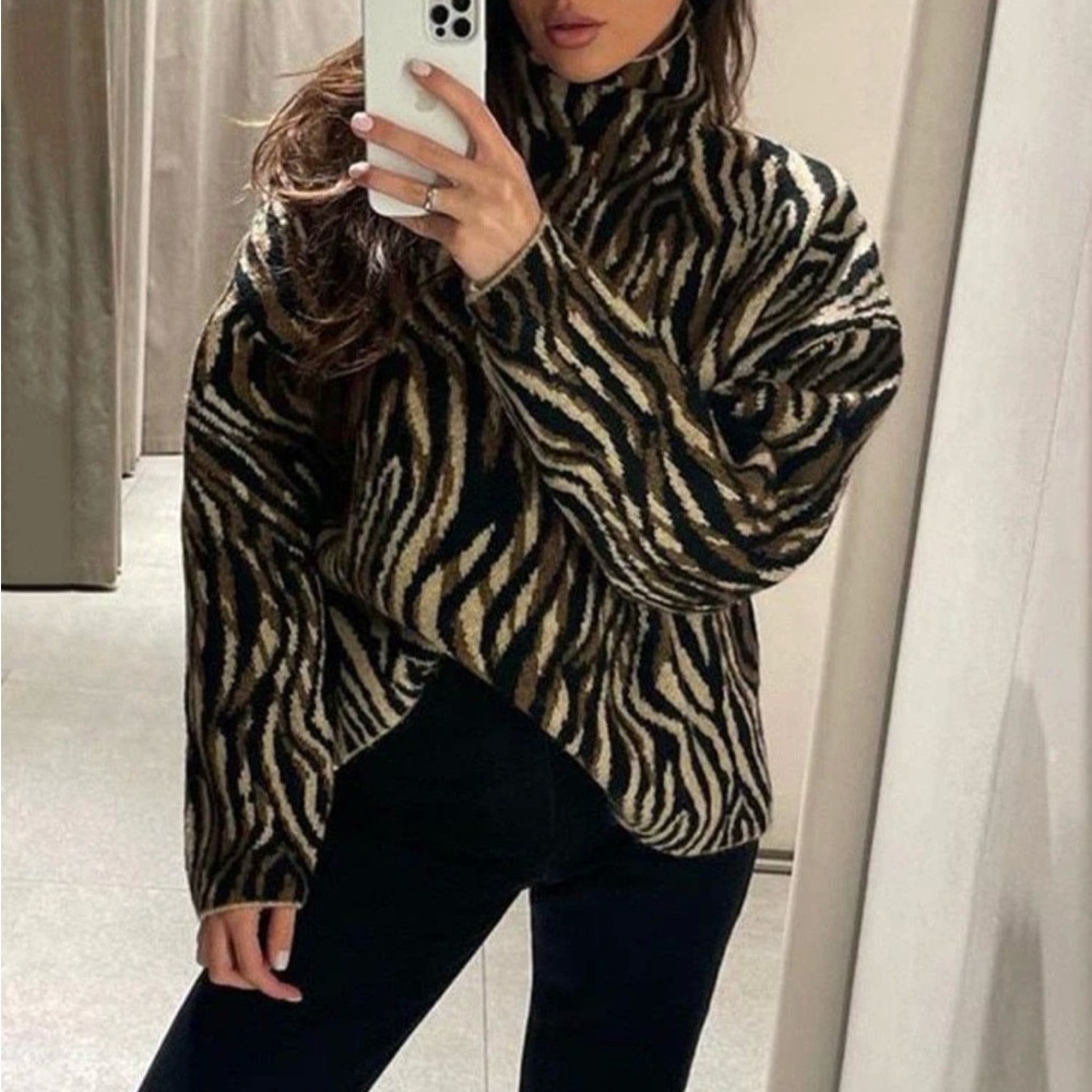 Zara Black and Brown mock neck Zebra animal print Turtleneck Sweater